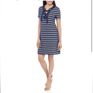 Michael Kors-Dress with Lace Up Front & Grommet Detail, Navy/White, Size XL